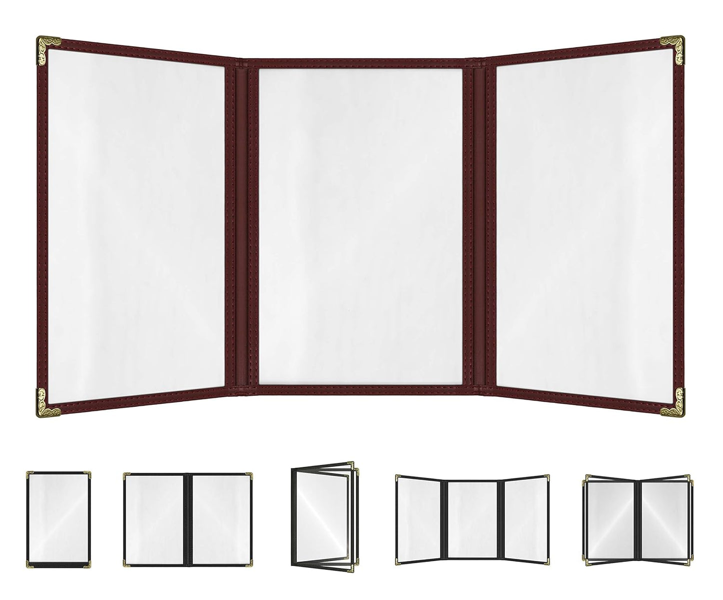 Goodsmart Restaurant Menu Covers – Burgundy, 25 Pack, 6-View Trifold 5.5" x 8.5", Side-Loading Vinyl & Plastic Menu Holders, Clear Menu Sleeves, Leather-Style Café Covers with Gold Corners