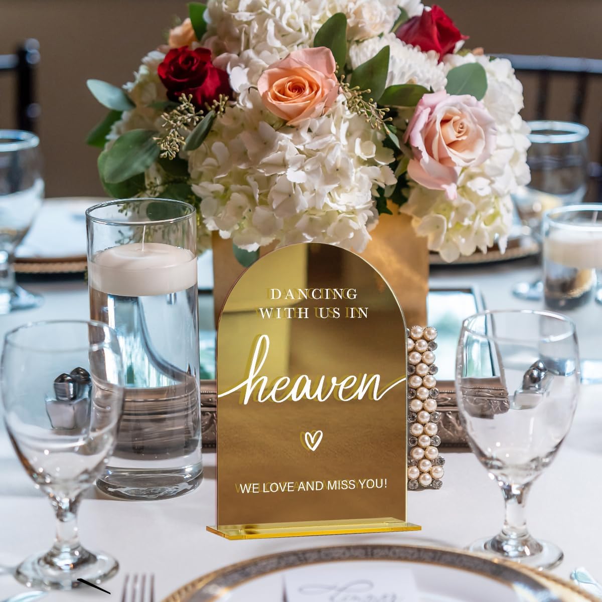 Acrylic Wedding Sign, Bridal Shower Decorations, Dancing With Us in Heaven Sign for Ceremony, Modern Font Table Signs, Gold Mirror Arched Acrylic Tabletop Signs for Wedding Reception and Event Party