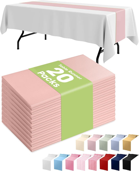 Pureegg Dusty Pink Plastic Table Runners - 20 Pack, 14'' x 108'', Water Resistant & Disposable Centerpiece Decorations for Table Cloth, Wedding, Birthday, Holiday, Baby Shower, Party, Home Decor