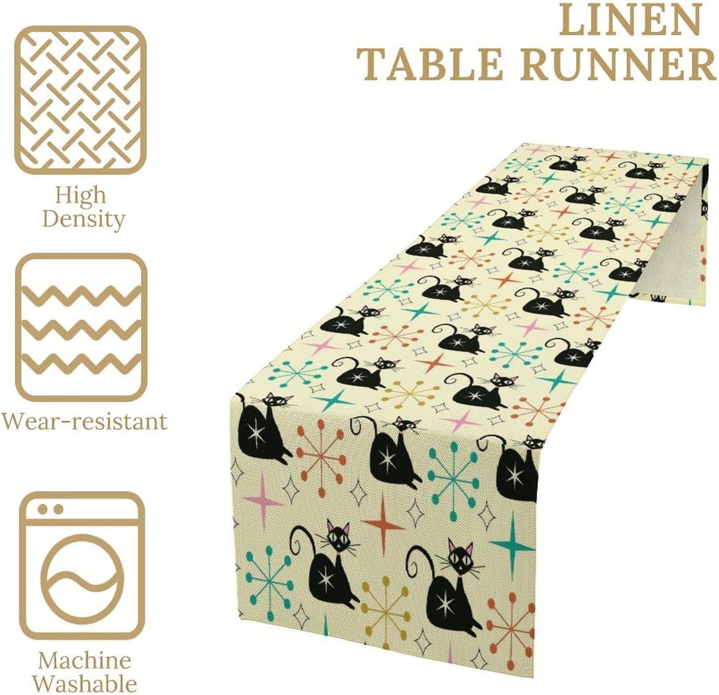 Mid Cat Table Runner, Vintage Black Cat and Atomic Stars 1950s 1960s Abstract Geometric Space Pattern Table Decoration for Home Kitchen Restaurant 13x36 Inches