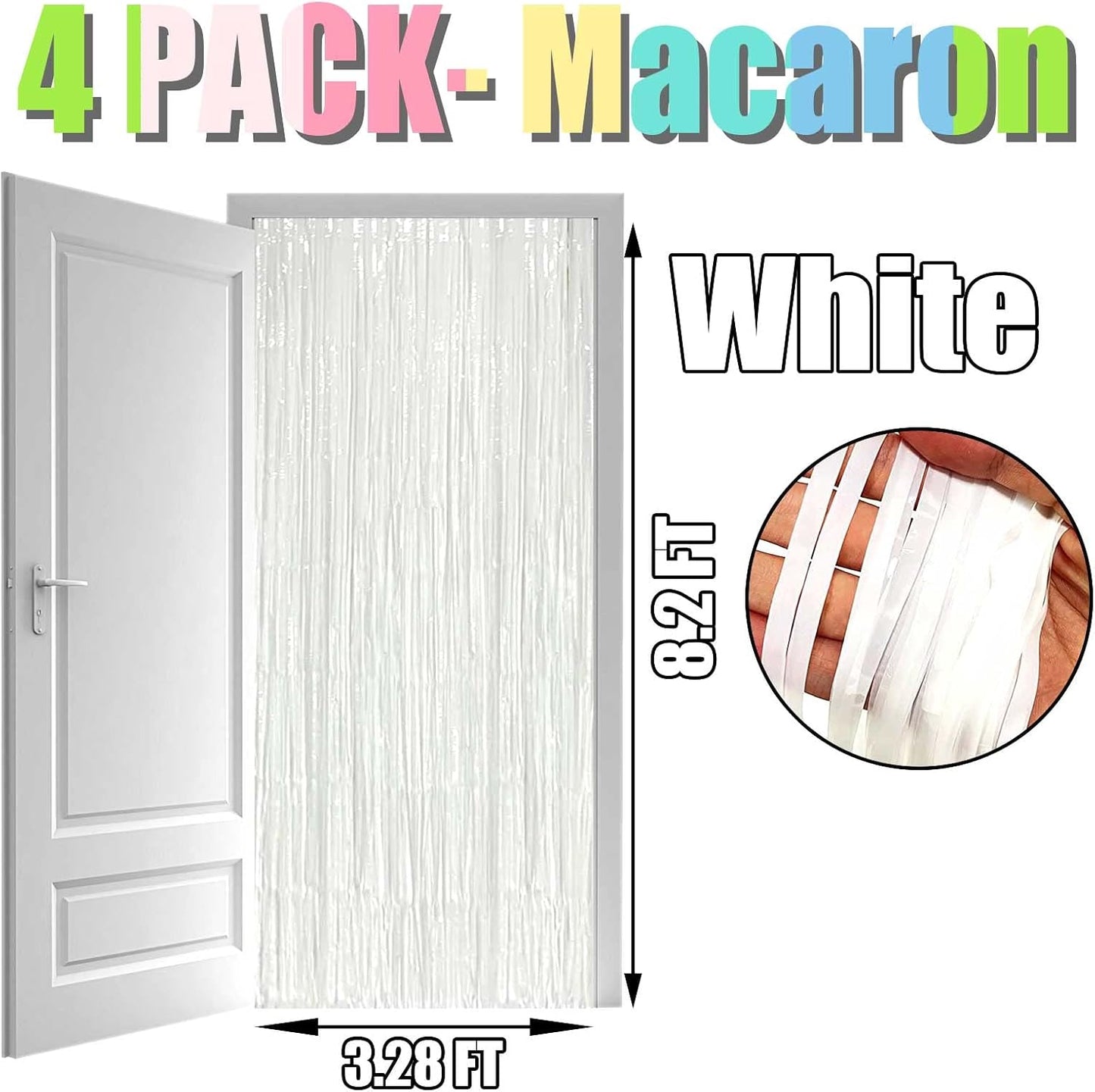 4 Pack Macaron White Foil Fringe Curtain Backdrop, 3.28Ft x 8.2Ft Foil Fringe Streamers Curtains for Party, Photo Booth milky milky