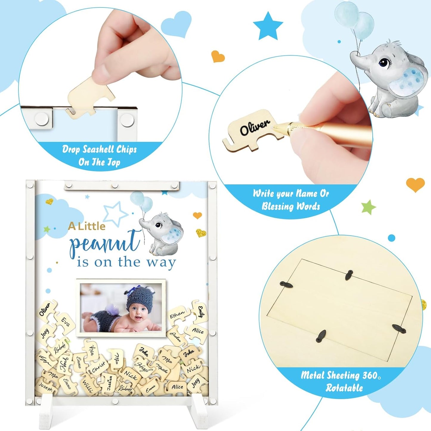 65 Pcs Elephant Theme Baby Shower Guest Book Alternatives Blue He or She Gender Reveal Baby Shower Decorations Sign in Guest Book with Picture Frame and 60 Wooden Chip