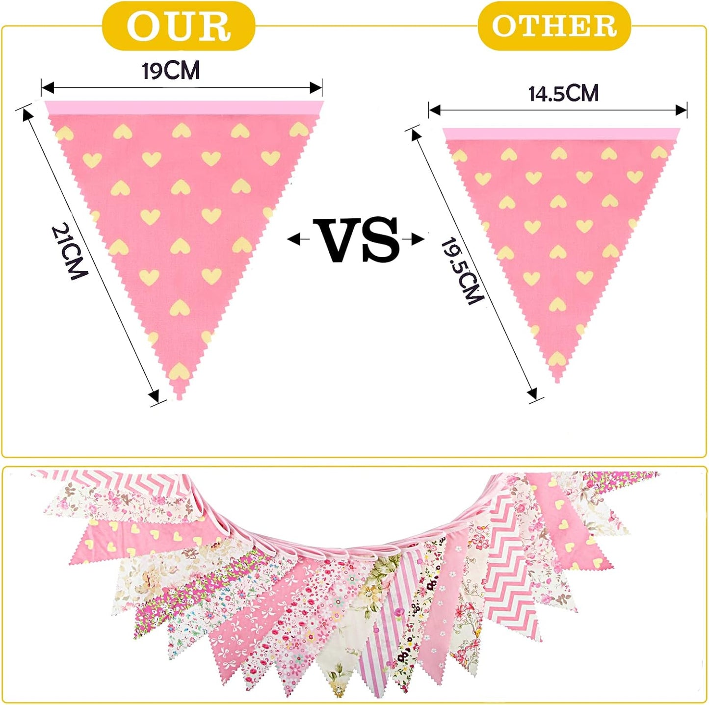 jijAcraft 39Ft Triangle Bunting Banner, 42Pcs Tea Floral Party Bunting Cotton Fabric Flags Pennant Garlands for Birthday Party, Wedding, Baby Shower, Outdoor and Home Decorations (Pink)