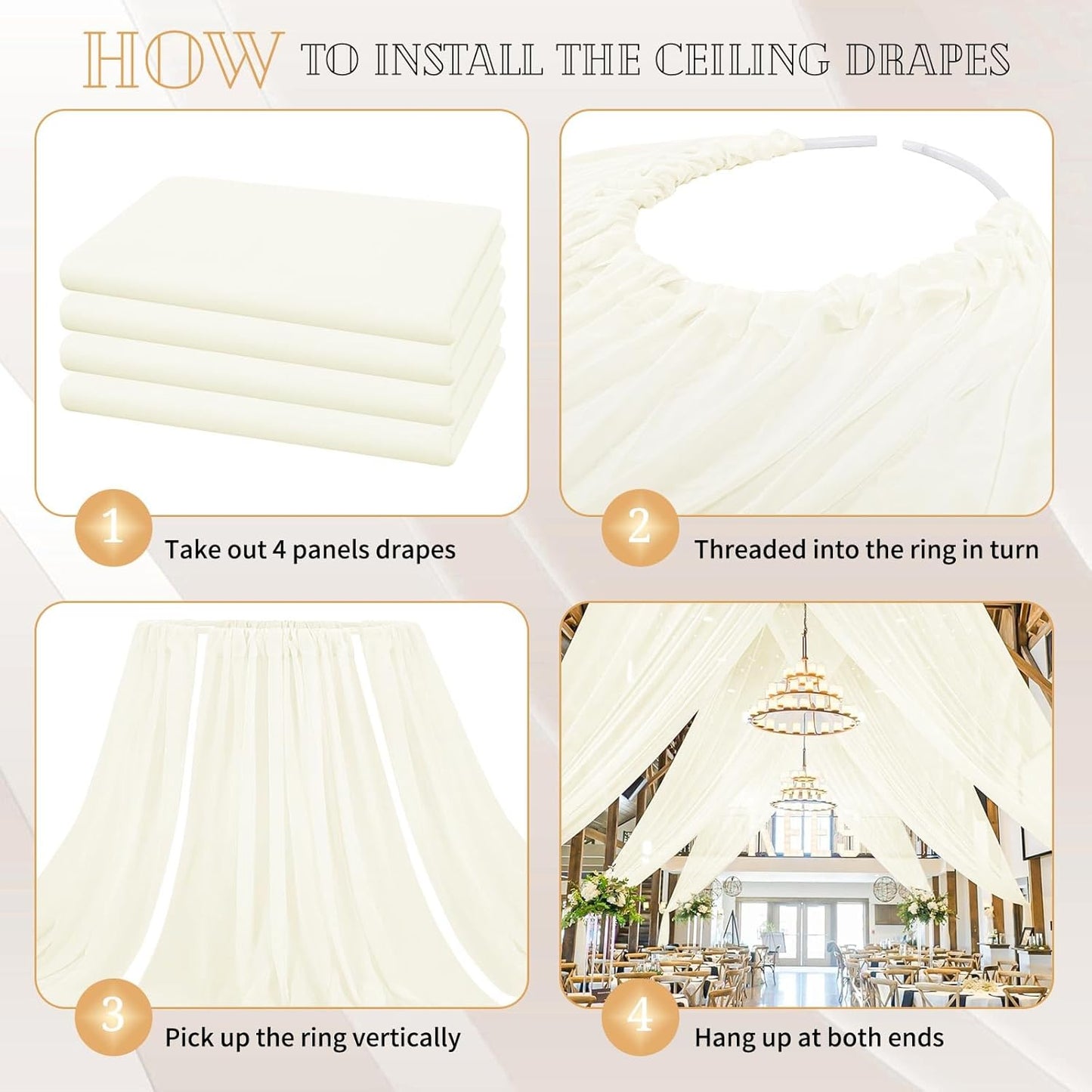 4 Panels Ivory Ceiling Drapes for Wedding 5ftx40ft Sheer Drapery Chiffon Fabric Arch Draping Curtains for Party Ceremony Birthday Baby Shower Reception Stage Ceiling Decorations