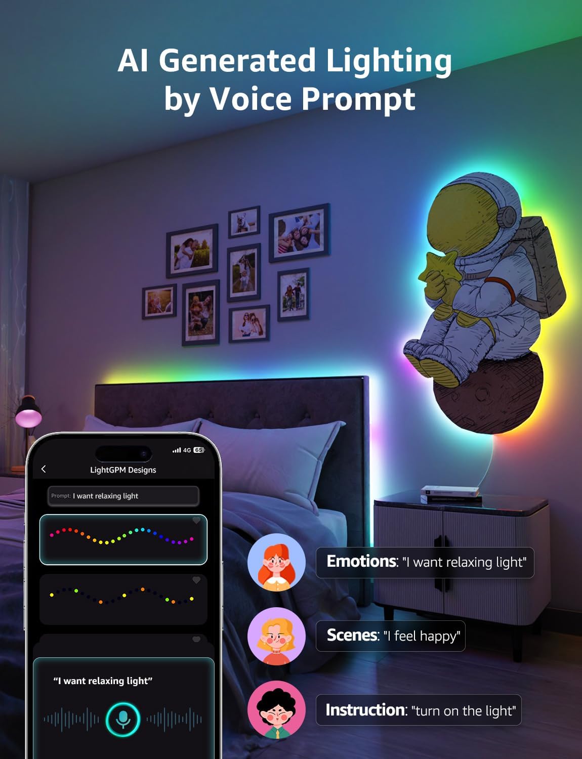 Lepro S1 AI LED Strip Lights for Bedroom - 16.4ft Smart RGB Light Strips with IC and Rainbow Chasing Effects, Color Segment DIY, AI Generated Lighting, No Remote, 2.4G Wi-Fi & Bluetooth