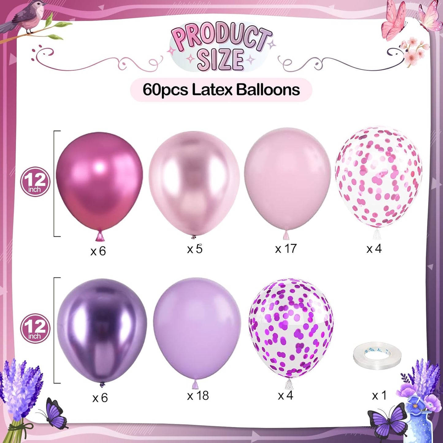 Pink and Purple Balloons, 60 Pcs 12 Inch Pastel Metallic Purple Pink Confetti Balloons with Magenta Balloon for Girls Women Birthday Baby Shower Bridal Shower Wedding Princess Party Decorations