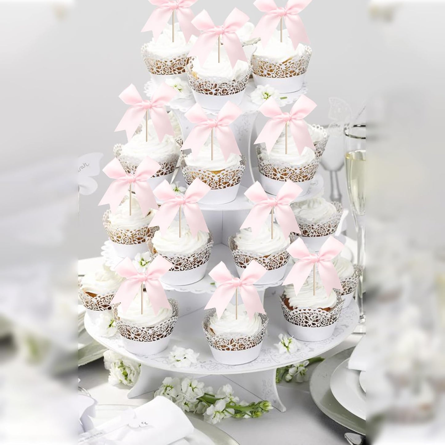 24 PCS Bow Cupcake Toppers Bowknot Coquette Bow Girls Birthday Cake Decorations Bow Cake Toppers Bowknot Cupcake Picks for Baby Shower Birthday Wedding Bridal Engagement Party Supplies Pink