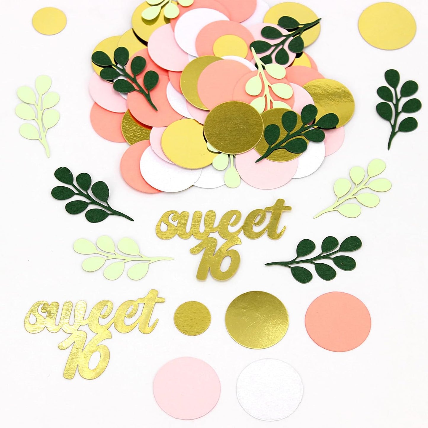 300PC Pink and Sage Green Sweet 16 Party Decorations for Girls 16th Birthday Confetti Sweet 16 Table Decorations Dots Eucalyptus Scatters for Sixteen Birthday Party Decor Supplies