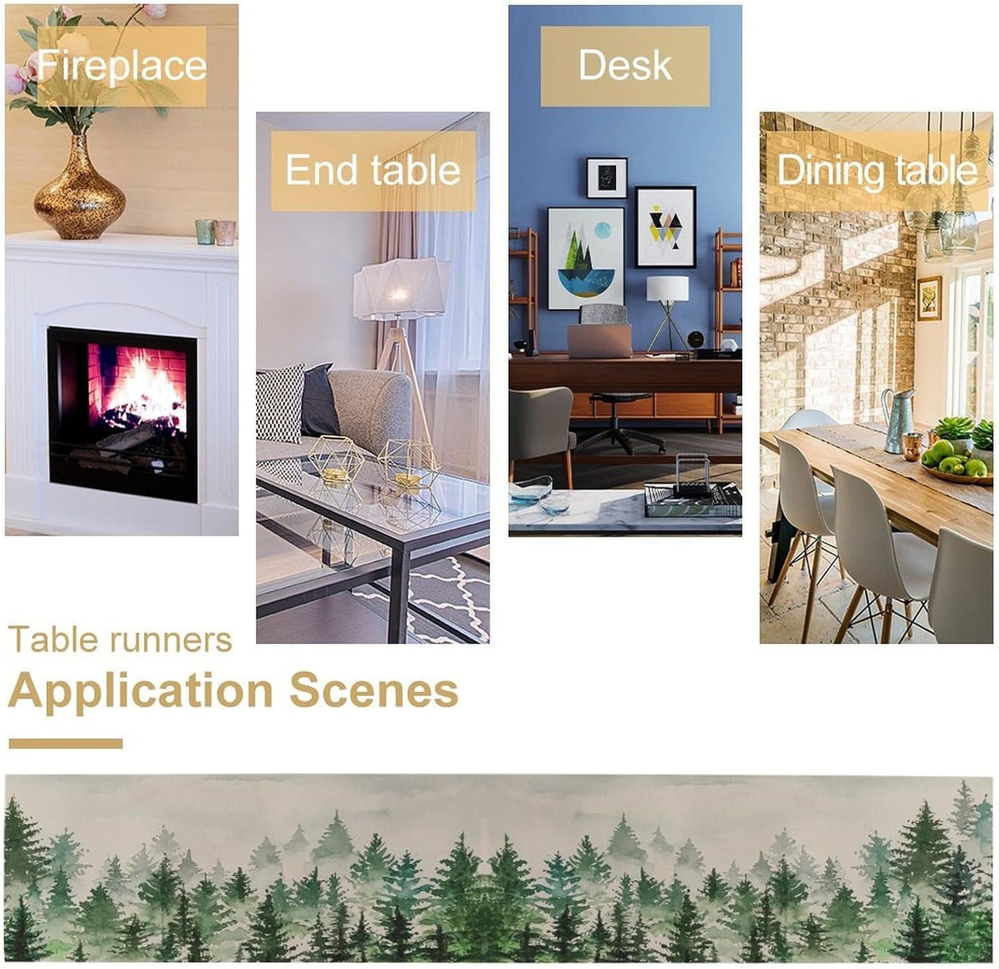 Foggy Forest Table Runner,Green Forest Natural Landscape Table Runner for Kitchen Dining Table Home Party Decoration 13x72 Inch