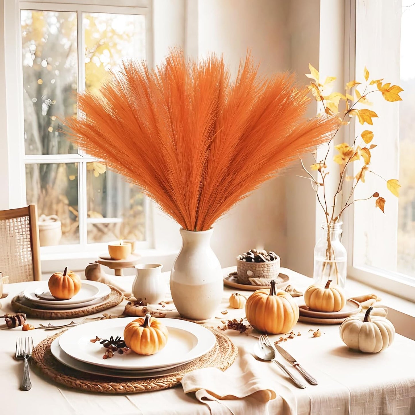 50pcs Burnt Orange Faux Pampas Grass Decor, 21.6" Short Artificial Fall Pompous Grass Floral Fake Orange Pompas Grass Branches Vase Filler Flower Arrangement for Home Wedding Fall Decor