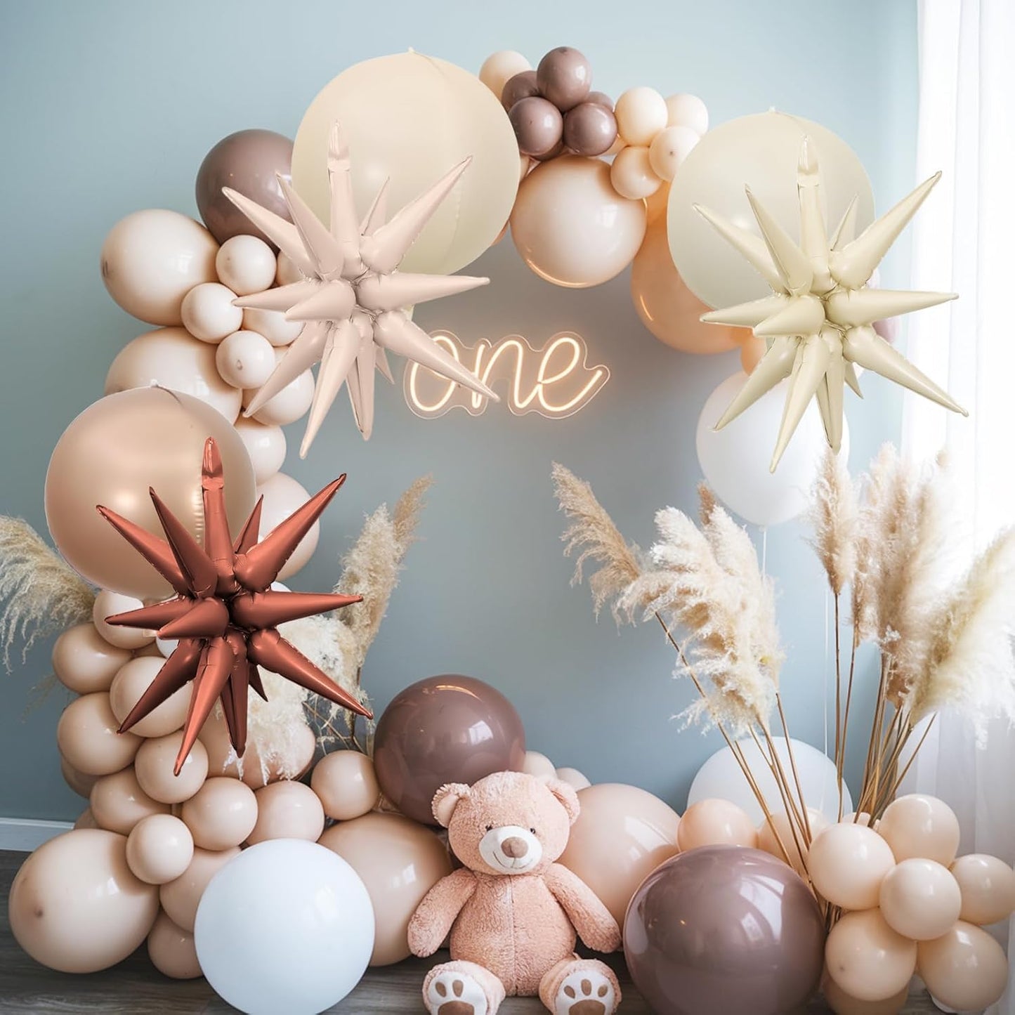 6Pcs Sand White Brown Foil Balloons,22Inch Cream Beige 4D Round Ball Balloon and Explosion Star Balloon for Birthday Wedding Baby Shower Anniversary Decorations