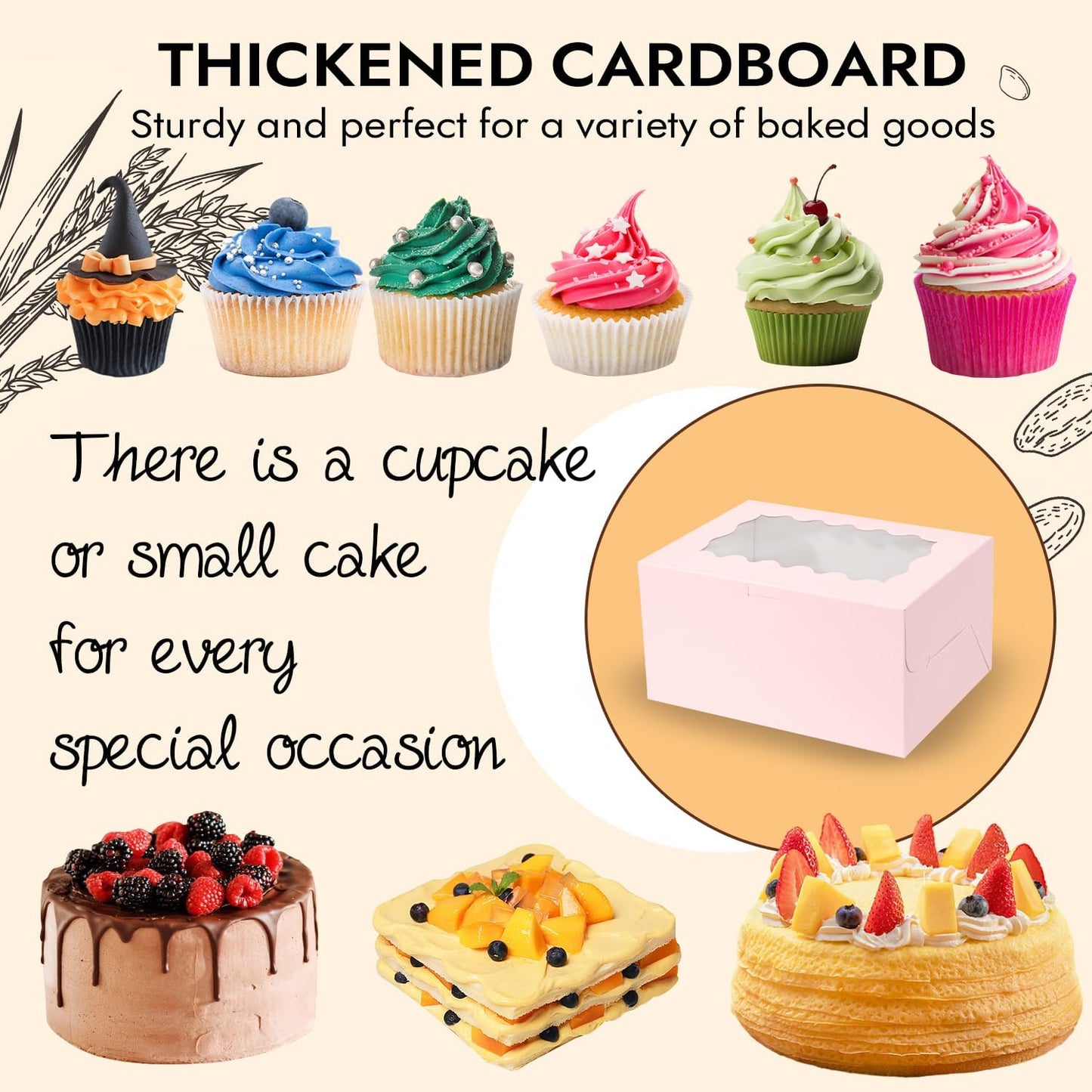 JCD 8Pcs Pink Cake Cupcake Combo Boxes Clear Lid with 2 Cupcake Holes -Clear Window Bento Cake Boxes for Bakery Baking Supplies(Pink 1+2/8Pcs)