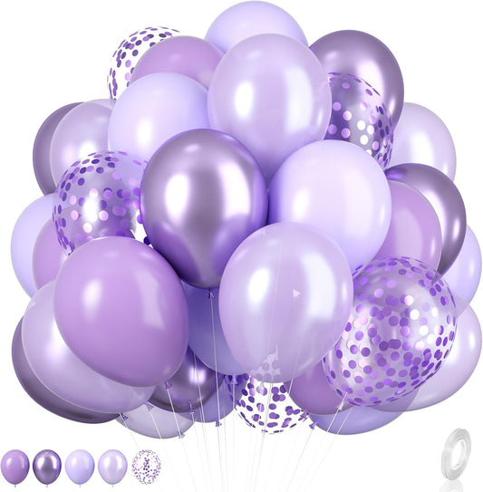 Biapian Purple Party Balloons Set, 12inch Lavender Balloon Pastel Purple-Lilac Ballons Metallic Confetti Purple Balloons For Girls Birthday Baby Shower Bridal Wedding Party Decorations