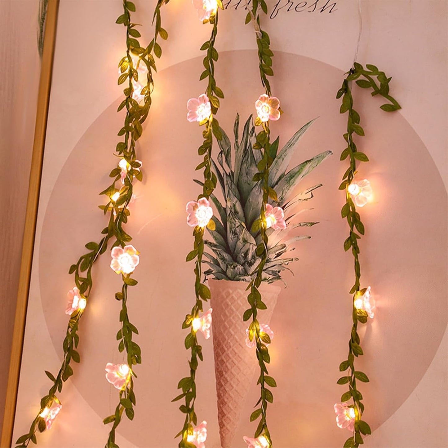 Decorative Fairy Vine Flower String Lights With Leaf, USB Plug In 16.5ft 50 LED Pink Cherry Blossom Garland Spring Decorations for Bedroom Wall Wedding Birthday Christmas Hanging Decor (Warm White)