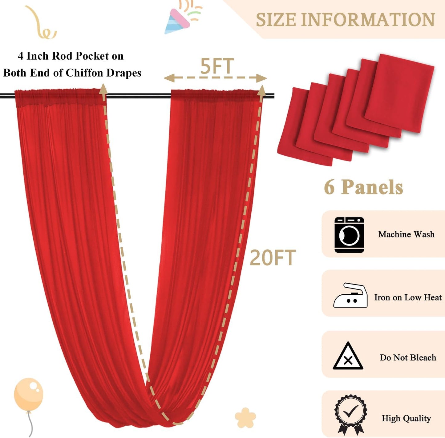 MODFUNS Wedding Ceiling Drapes Red Chiffon Ceiling Draping Fabric 5x20ft 6 Panels Sheer Arch Drapes Tulle Draping Fabrics Semi Sheer Stage Curtain for Wedding Banquet Decoration