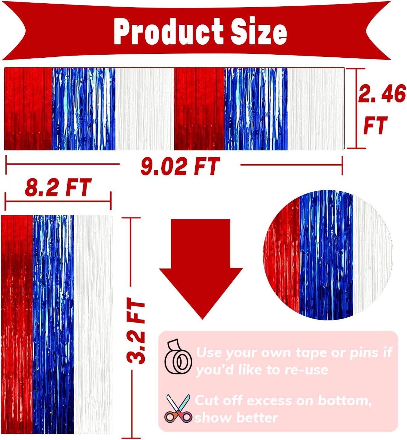 4P Metallic Foil Fringe Tinsel Table Skirts for Rectangle Tables Backdrop Banner Streamer Garland Curtains for Parade Floats Wedding Graduation Anniversary Birthday Parties Decoration(White Blue Red)