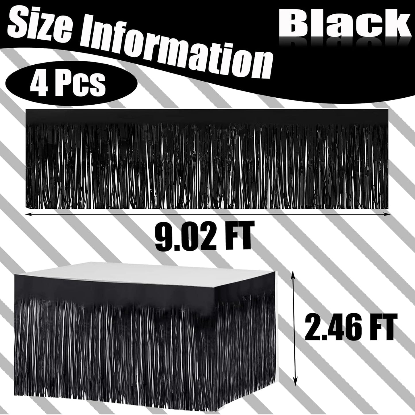 4 Pack 29x108 Inch Metallic Foil Fringe Tinsel Table Skirts for Rectangle Tables Streamer Curtains Backdrop for Halloween, Birthday, Parade Floats, Christmas Party Supplies(Black)