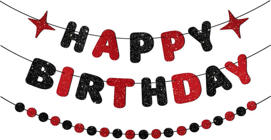 Red and Black Happy Birthday Banner Glitter Garland for Black and Red Decorations Happy Birthday Decorations for Women Men Boys Girls 25st 30st 40st 50th 60st Party Decor