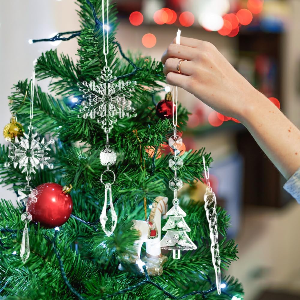 Lanpn 26PCS Christmas Ornaments Crystal Christmas Tree Decoration, Hanging Clear Acrylic Snowflake Icicle Drop Pendants for Xmas Winter Outdoor Indoor Party Decoration Transparent