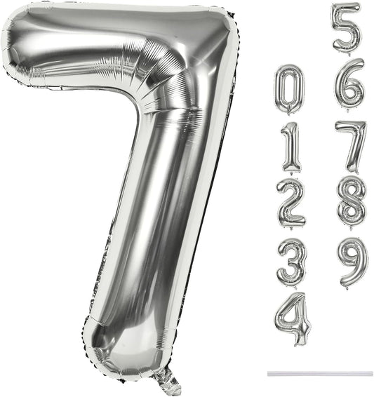 40'' Silver Number 7 Balloons, Self Inflating Foil Number Balloons Set 0-9 for Women Men, Large Digital 7 Helium Balloon for Girls Boys 7th Birthday Party New Year Decorations Anniversary Supplies