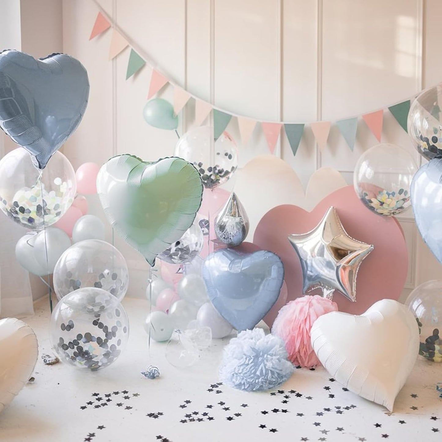 Baby Blue White Heart Balloons, 18 Inch Pastel Blue White Heart Shape Balloons, 12PCS Light Blue White Helium Foil Heart Balloon for Birthday Baby Shower Engagement Wedding Party Decorations