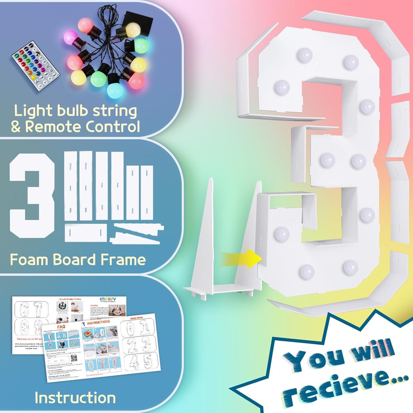 imprsv 4FT Colorful Marquee Numbers,18 Colors Number 3 with Remote, Light Up Numbers Sign for 30th Birthday Decorations Anniversary Party Decor, Pre-Cut Foam Board Kit, Mosaic Sign for Balloon