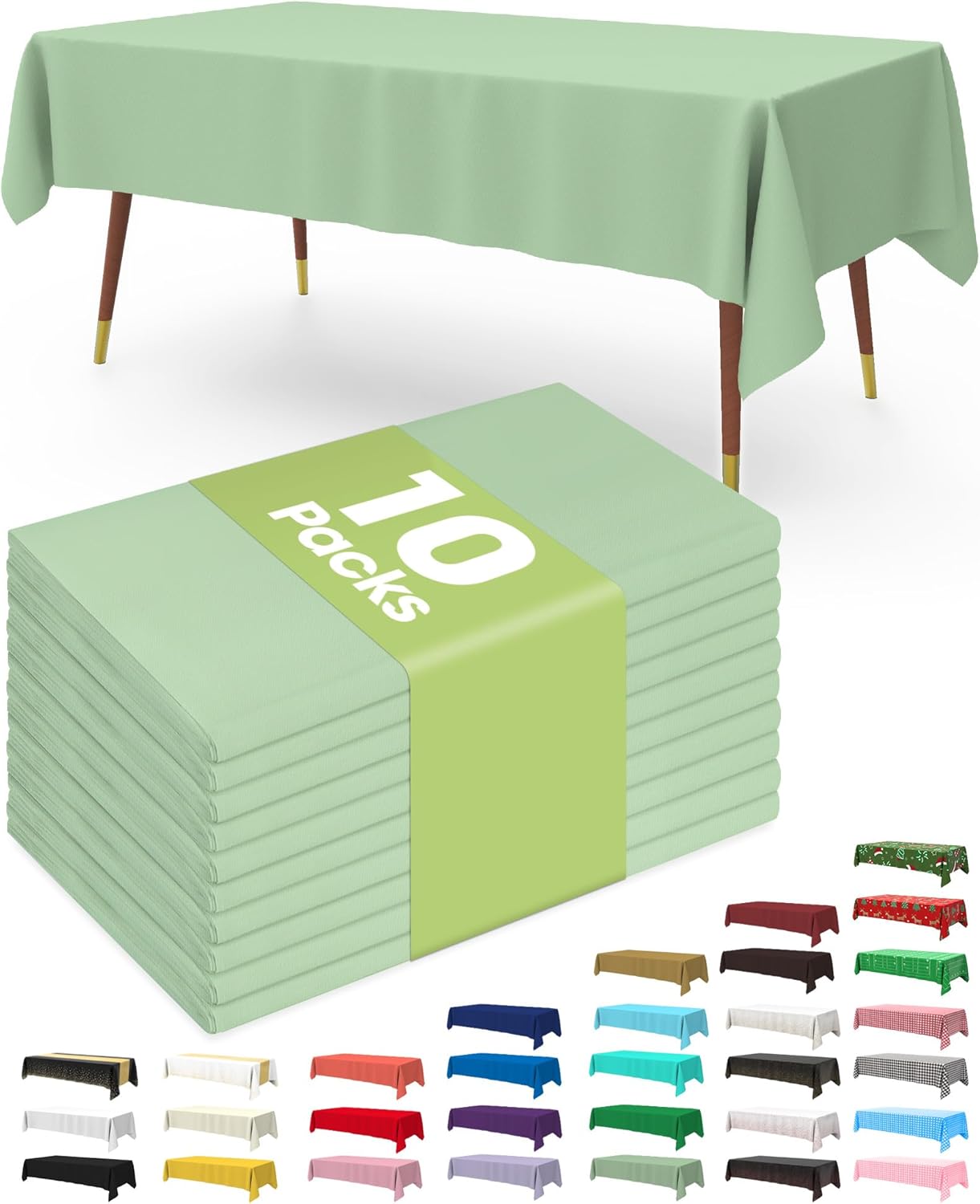 Pureegg Plastic Table Cloth Disposable 10 Pack, 54 x 108 Inch Table Cloths, Easter Party, Decorative Tablecloths, Rectangle, Light, Pastel Plastic Cover, Leakproof & Sturdy, Sage Green
