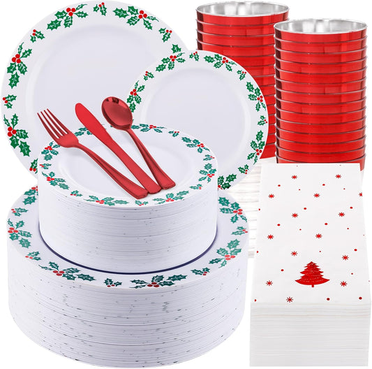 WDF 350pcs Christmas Plates and Napkins Set - Exquisite Holly Design - Christmas Dinnerware Set of 50 Plastic Plates 50 Red Silverware Set&Cups& Napkins