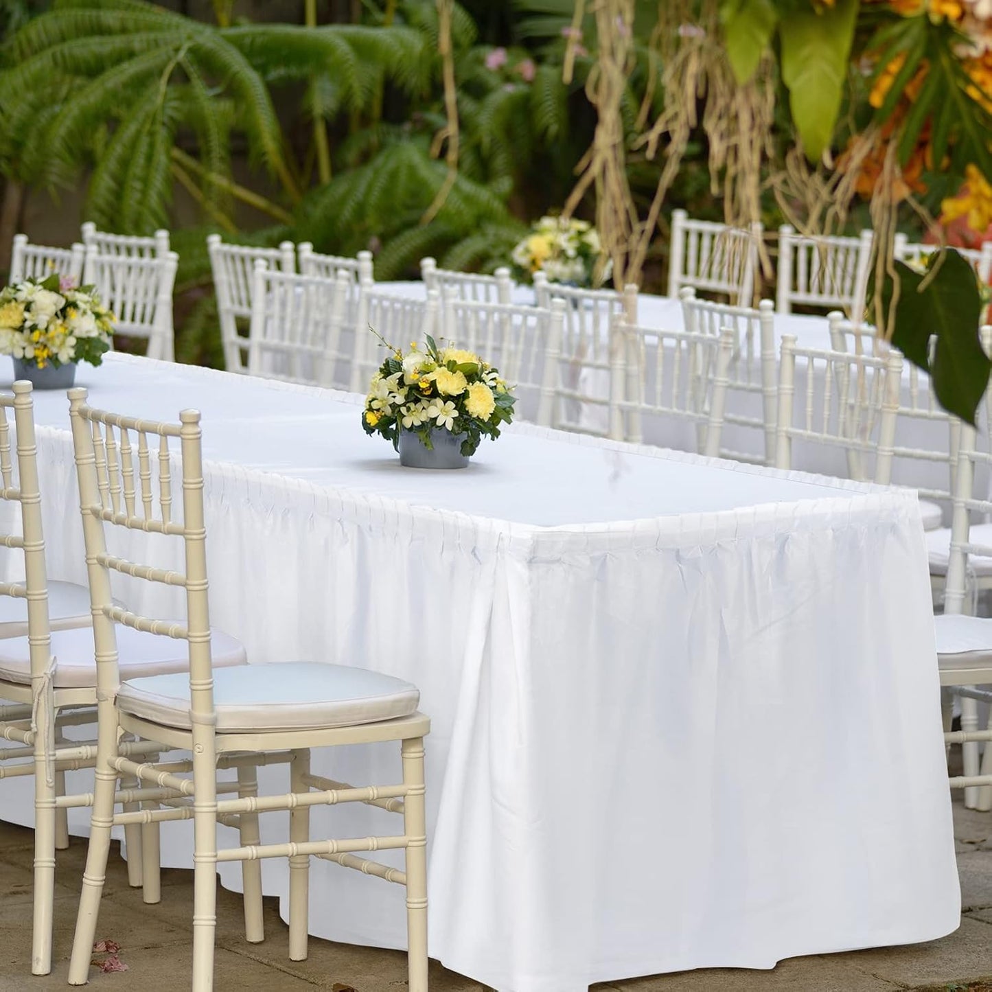 TURSTIN 4 Pieces White Plastic Table Skirts 14 Feet x 29 Inch for Rectangle Tables Fitted Tablecloth Disposable Table Cover for Birthday Party, Events, Banquette Baby Shower