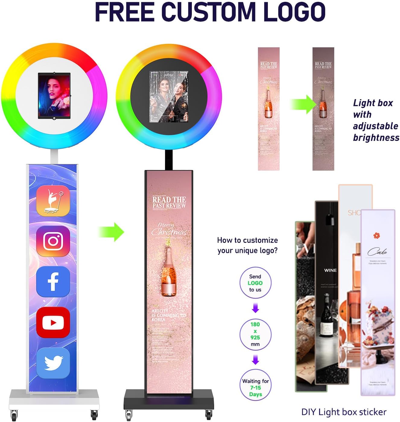 MWE Portable Photo Booth Machine Stand Compatible with Any Ipad with Software APP and Remote Control, RGB Ring Lights Music Sync, Free Custom Logo,ChackTok VIP (White, Light Box-Honeycomb Case)