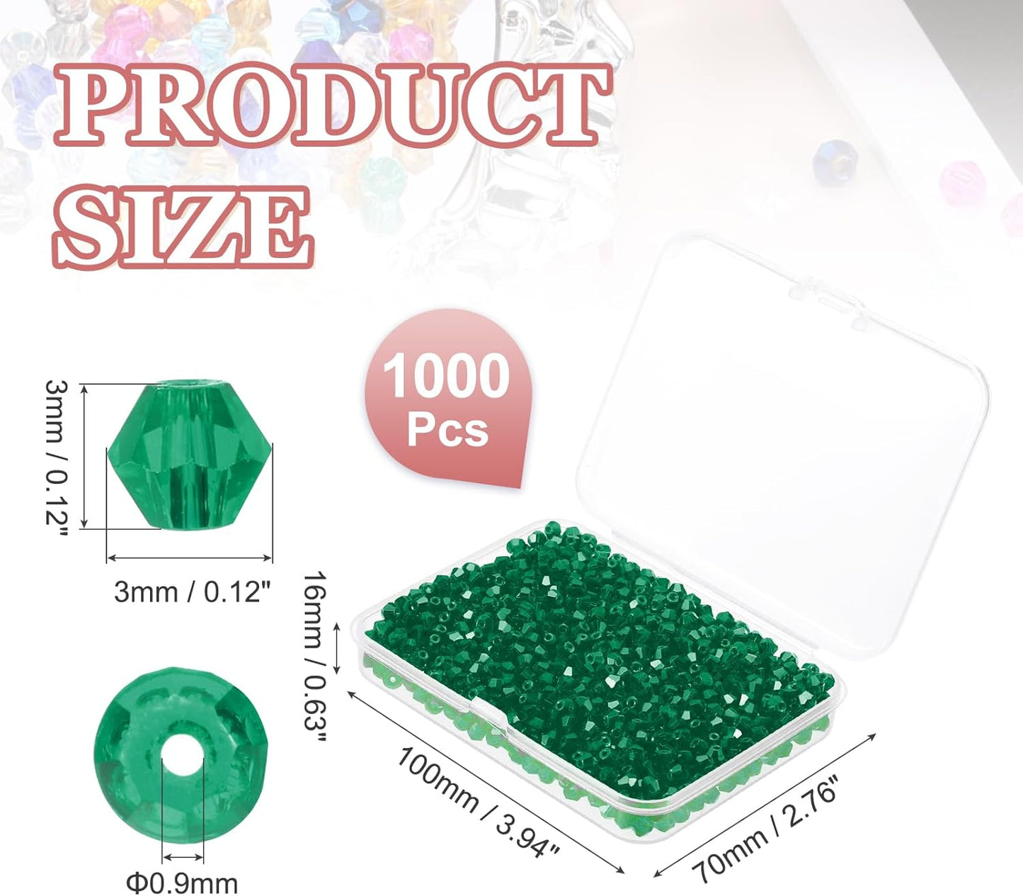 PATIKIL 1000pcs 3mm Bicone Glass Crystal Beads, Faceted Glass Spacer Beads with Box for Jewelry Making Bracelet Necklace Earrings DIY Suncatcher Craft, Green