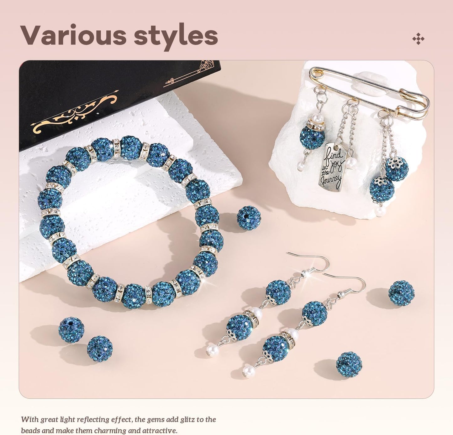 200pcs 10mm Rhinestone Beads for Jewelry Making, Blue Zircon Shiny Round Disco Ball Beads Bulk, Sparkle Crystal Clay Christmas for Bracelet Baseball Necklace Earring Crafting and DIY