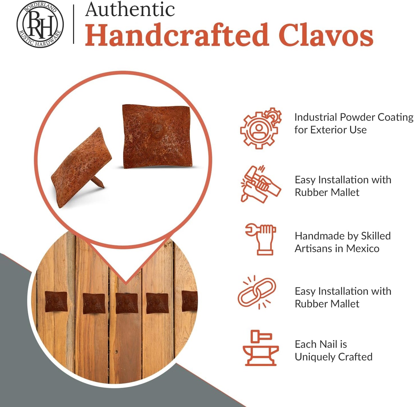 50 Pack 1.5" Square Head Iron Clavos Decorative Nails – Rusted – Handmade Rustic Square Fasteners for Farmhouse Shutters, Faux Wood Beams, Barn Doors, Shutters, and Gates – Ornamental Wood Accent