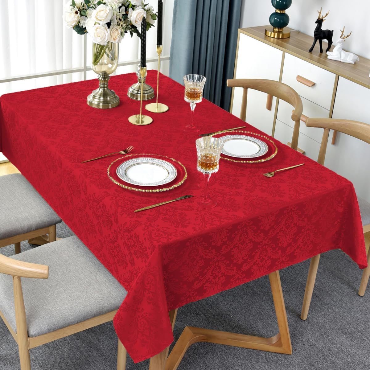 SASTYBALE Rectangle Jacquard Tablecloth, Damask Table Cloth SpillProof Wrinkle Resistant Tablecloths, Soft Polyester Oblong Table Cover for Kitchen, Dinner, Parties (Red, 52X70)
