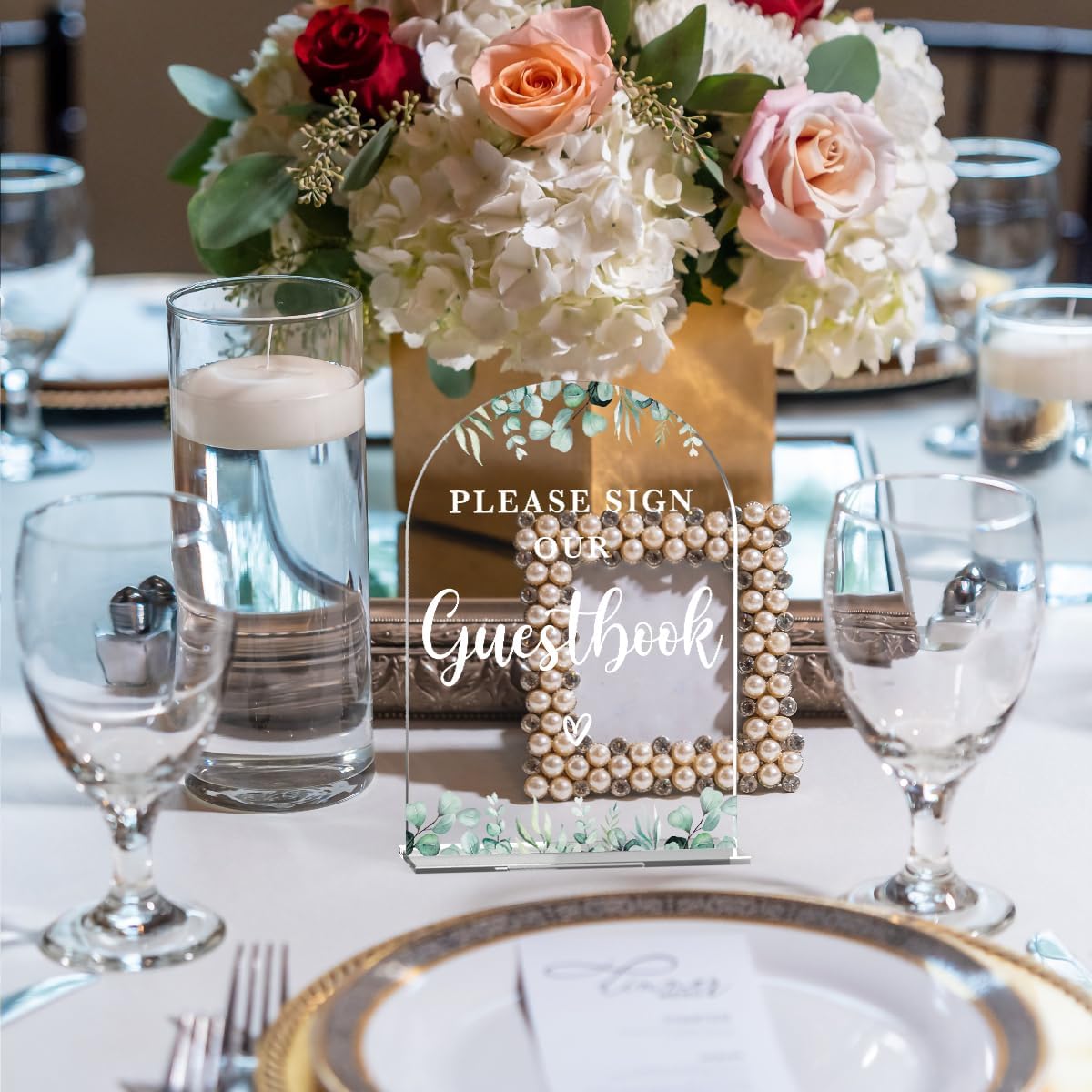 Acrylic Wedding Sign Please Sign Our Guestbook Signs for Ceremony Modern Calligraphy Arch Acrylic Table Top Signs for Wedding Reception and Event Party Table Decor (Eucalyptus Leaves)