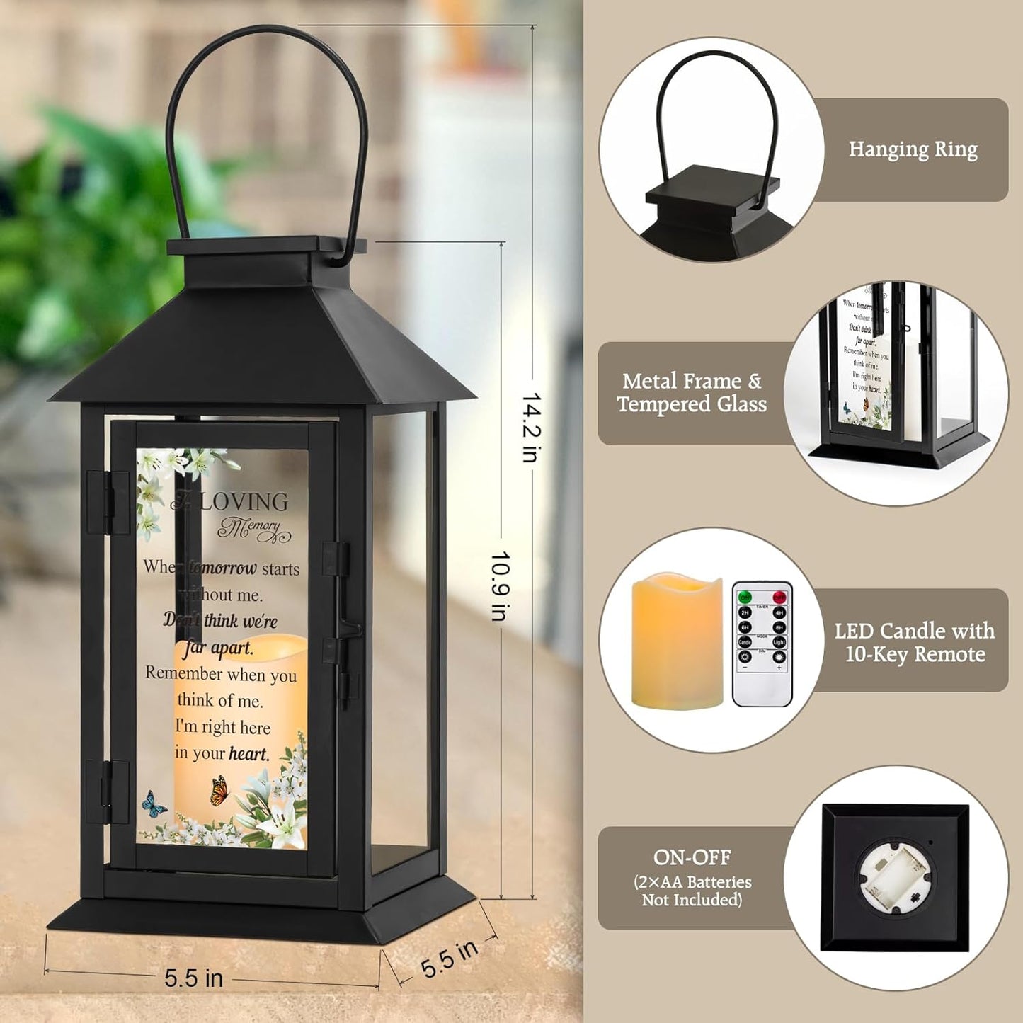 Memorial Lantern Bereavement Gifts in Memory of Loved One - Remembrance Sympathy Gifts for Loss of Mother, Father or Loved One with LED Candle and Remote