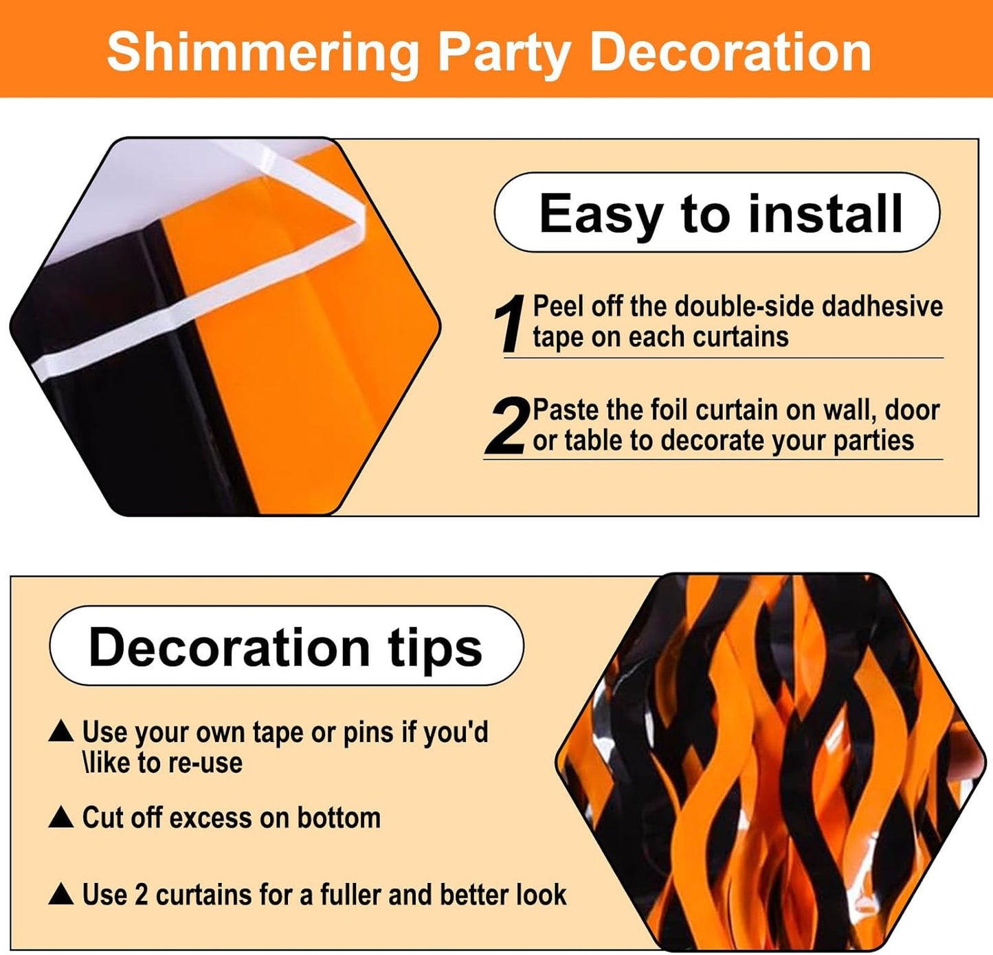 4 Pack Black Orange Wave Foil Fringe Curtain Backdrop, 3.28Ft x 8.2Ft Metallic Tinsel Foil Fringe Streamer Curtains for Photo Booth, Mother's Day, Easter, Birthday, Wedding Party Decoration