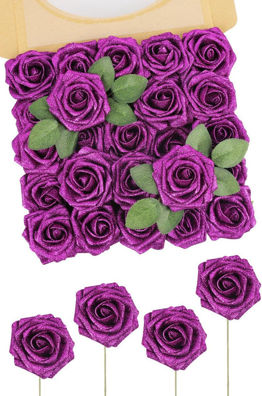 N&T NIETING Artificial Flowers Glowing Purple Flowers Foam 50pcs Glitter Roses Real Looking Fake Roses with Stem for DIY Wedding Bouquets Centerpieces Bridal Shower Party Home Decorations