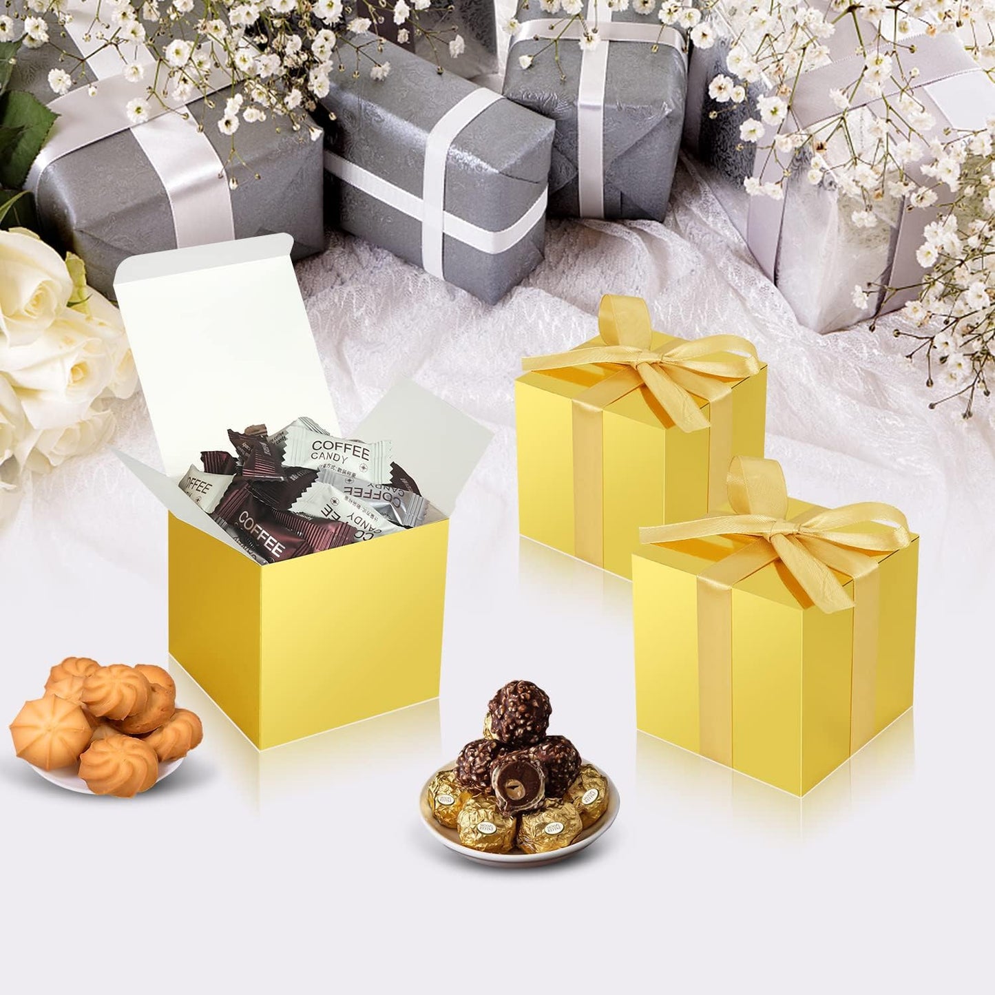 100 Pack Small Gift Boxes, 2x2x2 Inches Favor Boxes Gold Paper Gift Boxes with Lids for Presents, Crafting, Cupcake Boxes, Gifts, Candy Boxes for Wedding Party Bridal Shower Baby Shower Favors