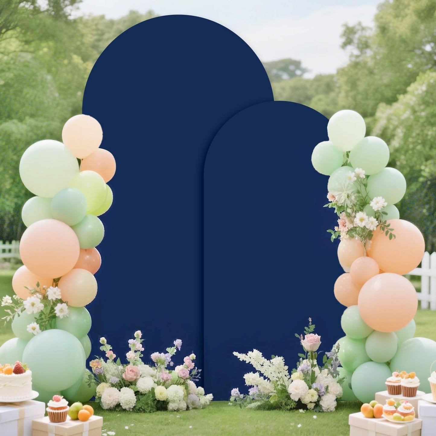 FUHSY Set of 2 Metal Backdrop Stand with Wedding Arch Cover Spandex 7.2FT, 6FT Balloon Party Backdrops Arch Stand Navy Blue Arched Backdrop Cover for Baby Shower Birthday Ceremony Banquet Event Decor