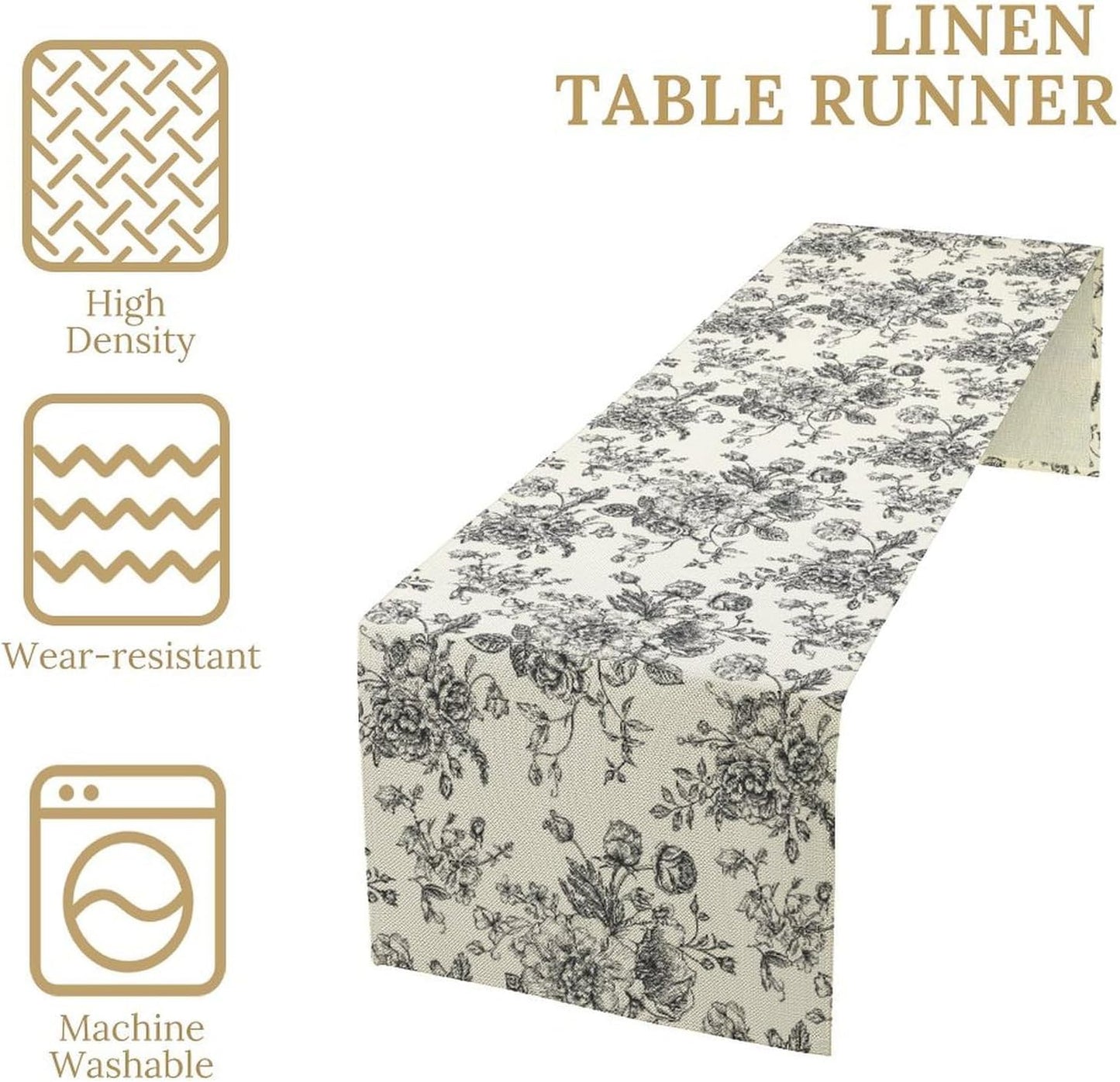 Vintage Flower Table Runner, Black White Wildfloral Floral Sketch Print Kitchen Dinning Table Runner for Indoor Outdoor Home Wedding Party Holiday, 13x108 Inch