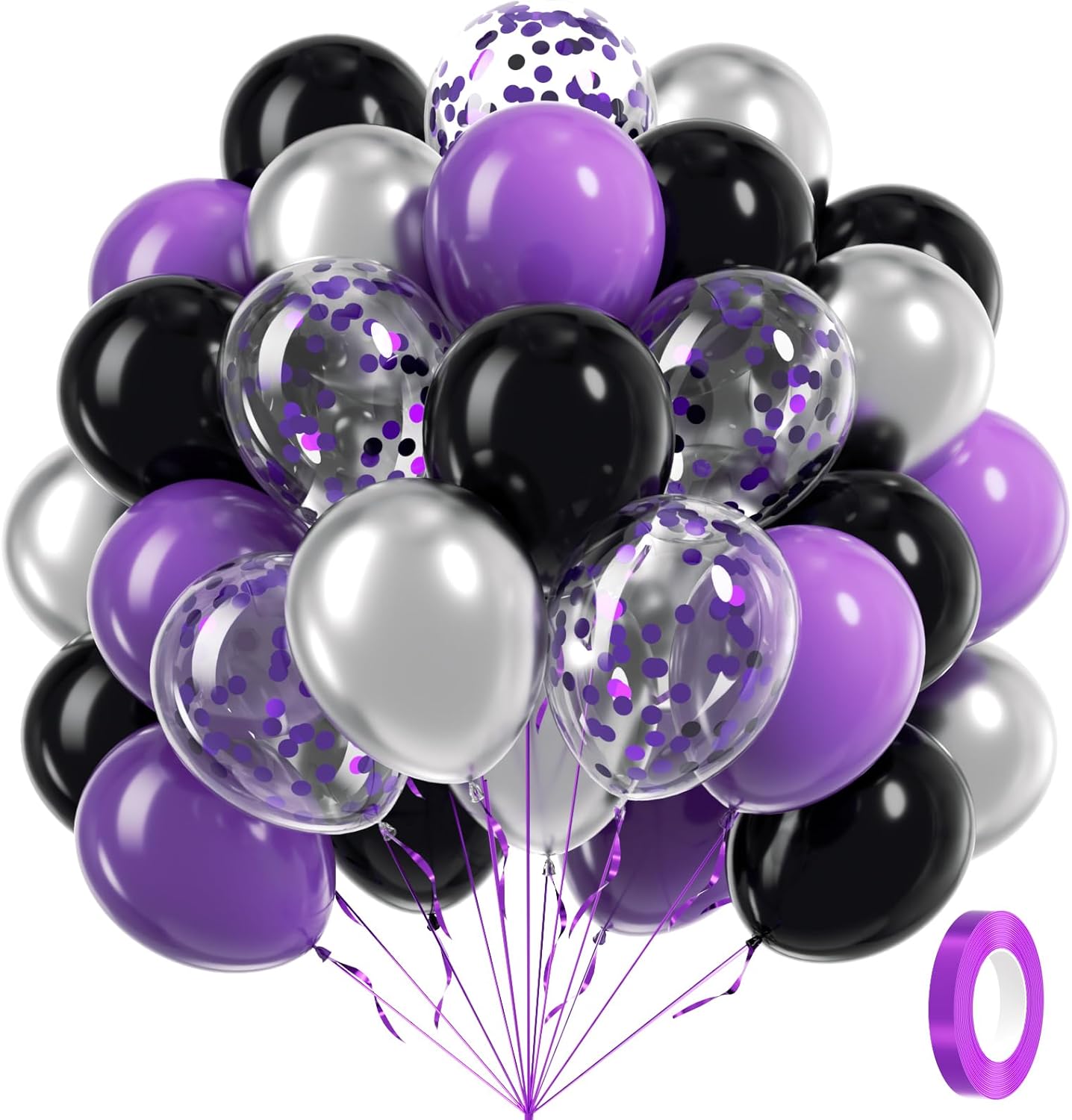 60pcs Purple and Black Balloons 12inch, Purple and Silver Balloon with Metallic Silver Confetti Balloons for Bridal Shower Graduation Birthday Party decorations