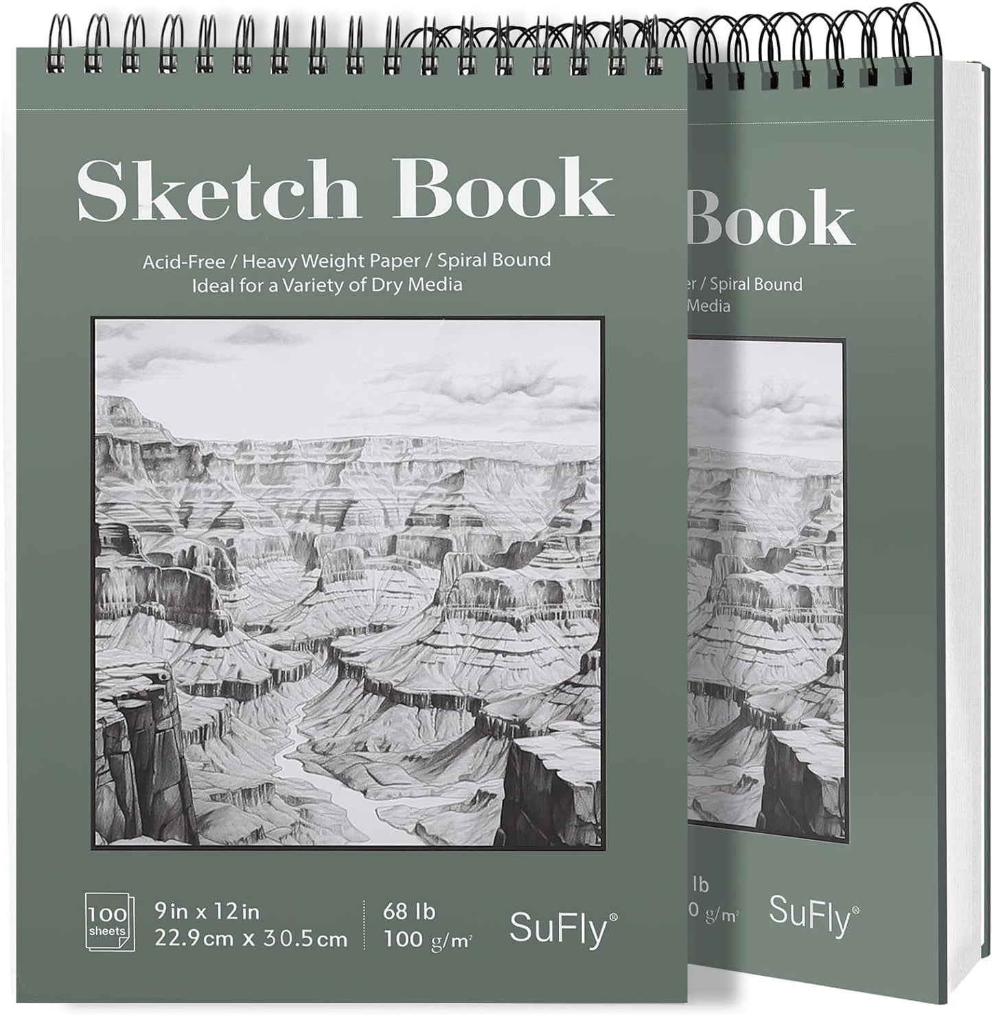 SuFly 9"x12" Drawing Paper, Pack of 2, 100 Sheets Each, Top Spiral Sketch Pad, 68lb/100gsm, White.