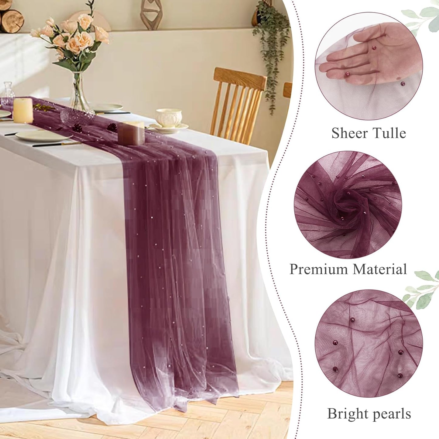 Pearl Table Runner 29 x 120 Inch Tulle Fabric Lace Table Runners Boho Rustic Tablecloth for Bridal Shower Birthday Party Wedding Arch Aisle Veil Dessert Table Decor(1 Pack, Burgundy)