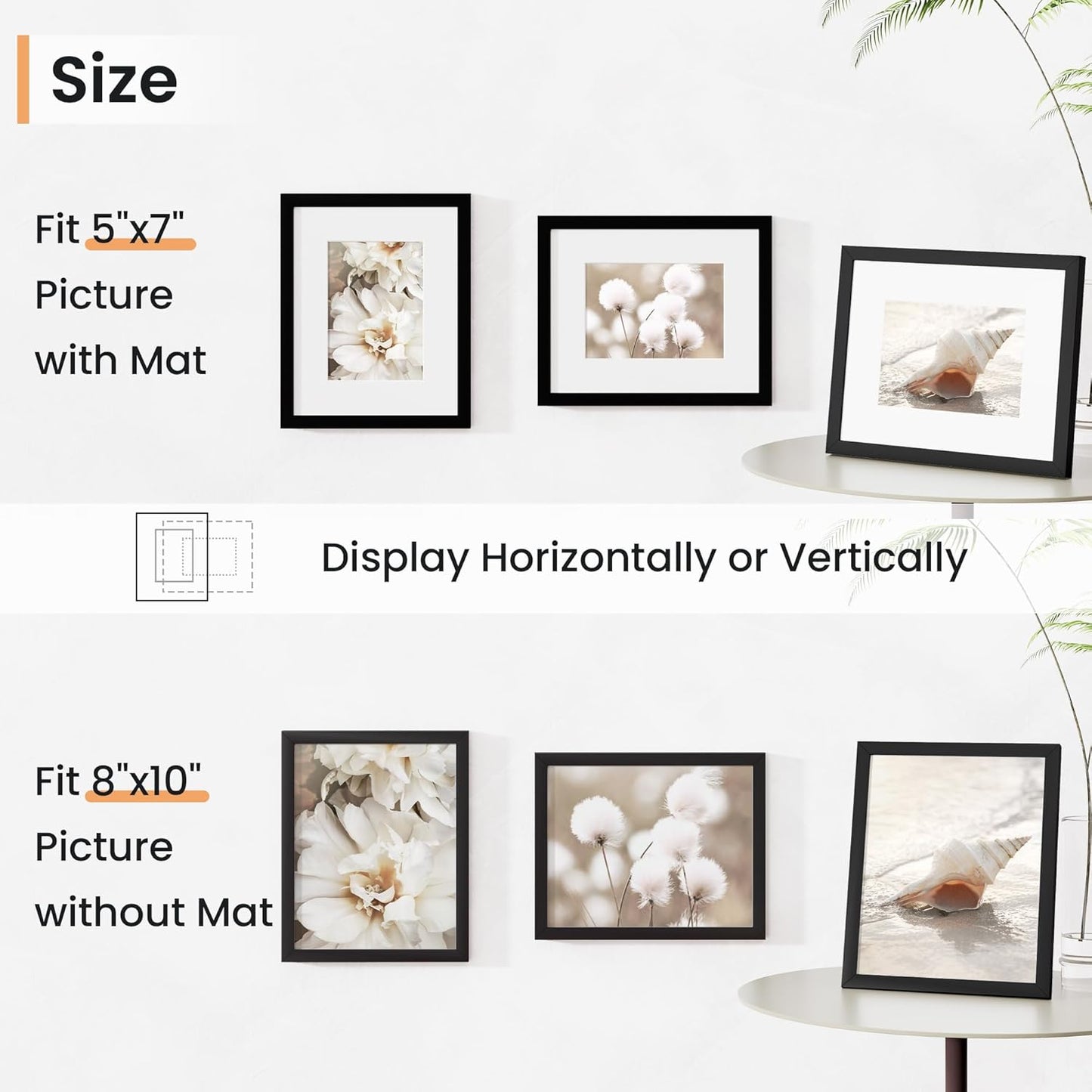 8x10 inch Picture Frame, 8x10 Photo Frames with 5x7 Removable Mat - High Definition Plexiglass - Vertical and Horizontal Display - Wall Hanging Frame - Black, 3 Pack