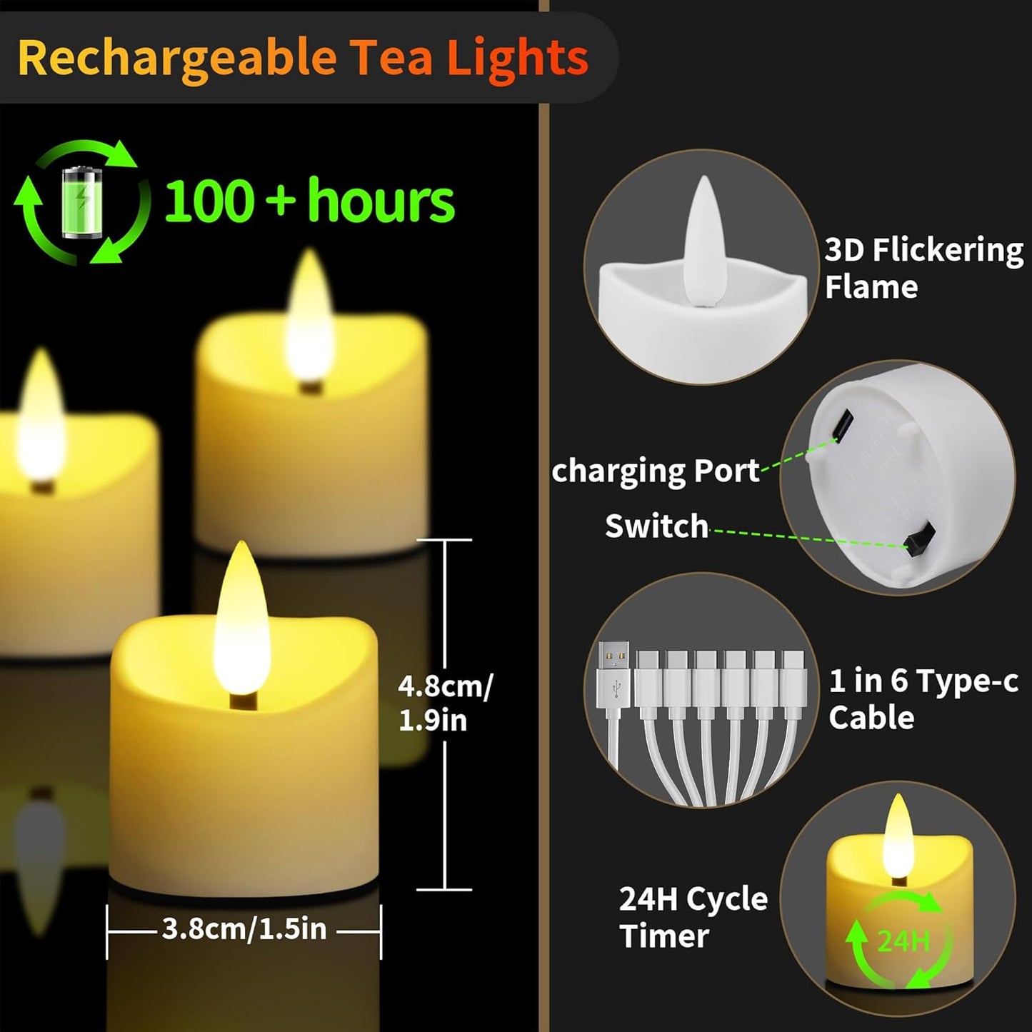 YiaMia Rechargeable Tea Lights with Remote, Flameless LED Candle with 24H Cycle Timer, Battery Operated Tea Lights for Votive, Weddings, Parties, Halloween, Christmas, Home Decoration (12)