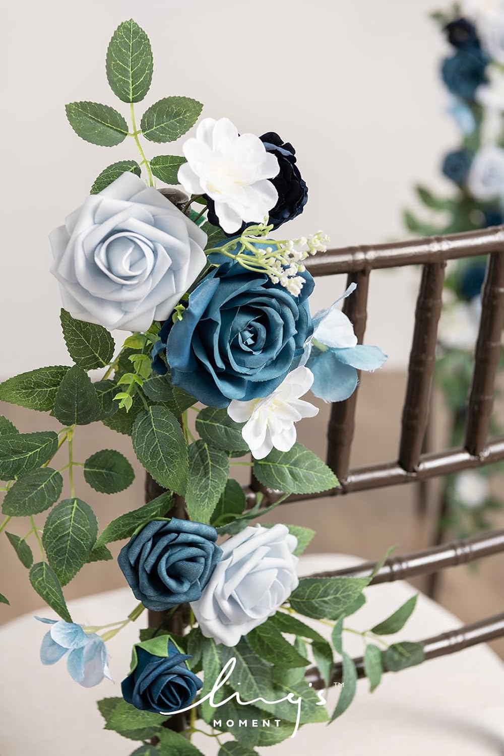 Ling's Moment 10pcs Wedding Chair Decorations Aisle Floral Swag Artificial Pew Flowers Hanging Garland Dusty Blue & Navy for Ceremony Reception Church Rose Floral Faux Arrangement Party Outdoor Decor