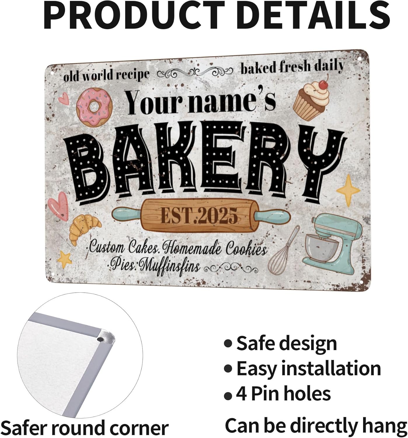 Custom Bakery Metal Sign Personalized Baked Goods Bakers Signs Decor Fresh Bread Daily Rustic Pies Cakes Decor Homemade Plaque Tin Wall Art Gifts