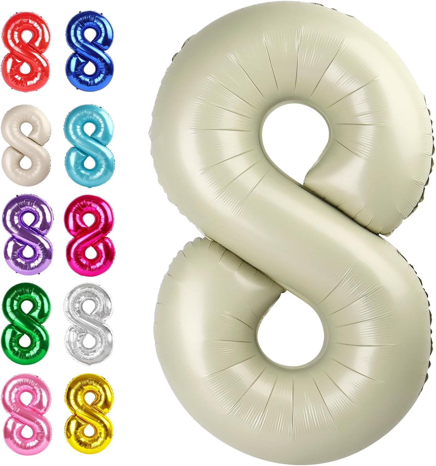 Cream White Foil Number 8 Balloon 40 Inch, Helium Mylar Eight Number 8 18 28 38 48 58 80 88 Birthday Balloons, 8th Cream White Women Men Wedding Anniversary, Graduations Party Supplies
