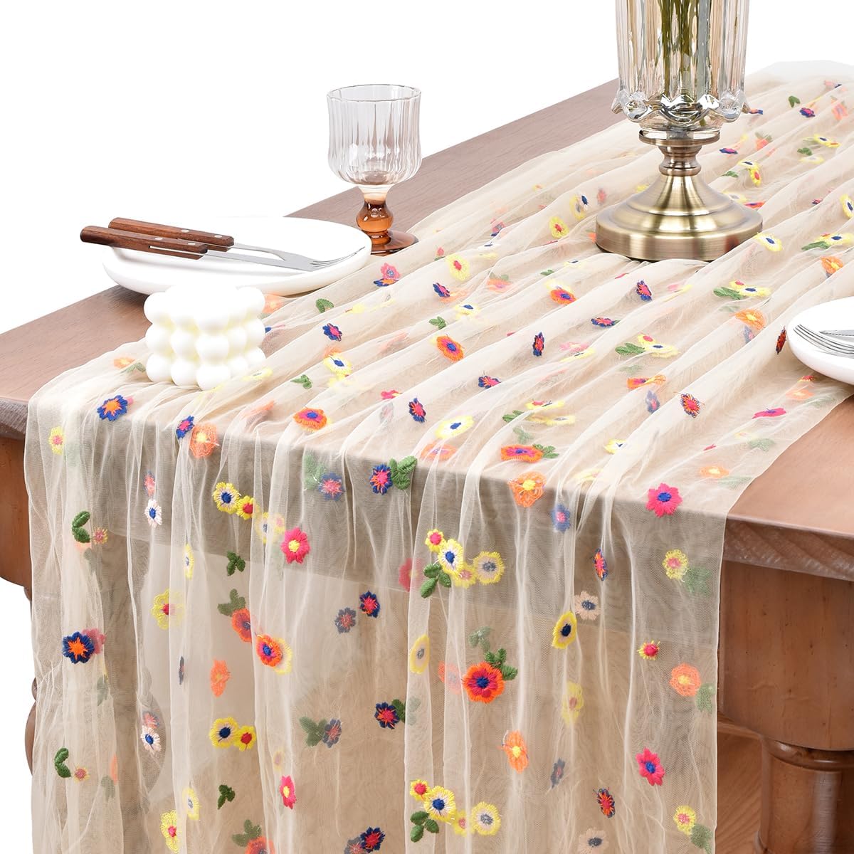 Joanlody 3pcs Champagne Embroidery Daisy Fall ThanksgivingTable Runner 10ft Florals Seasonal Tulle Table Runner Holiday Kitchen Dining Table Decoration for Home Party Indoor